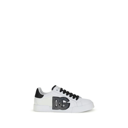 Dolce & Gabbana Portofino White Black Calf Leather Sneakers with DG Patch for Women