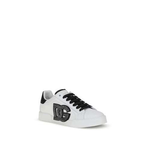 Dolce & Gabbana Portofino White Black Calf Leather Sneakers with DG Patch for Women
