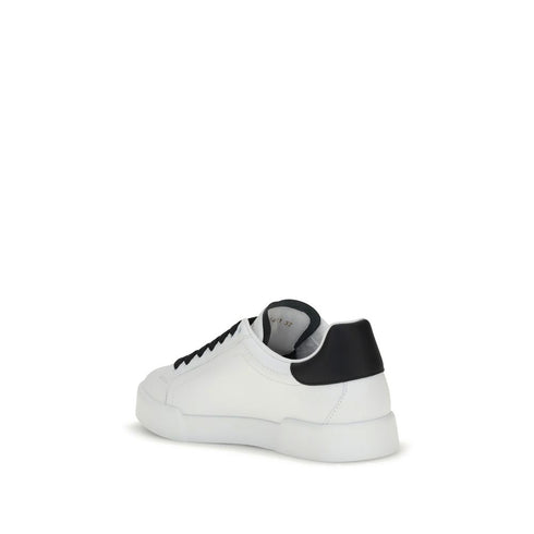 Dolce & Gabbana Portofino White Black Calf Leather Sneakers with DG Patch for Women