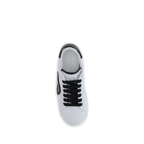 Dolce & Gabbana Portofino White Black Calf Leather Sneakers with DG Patch for Women