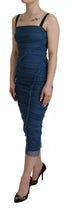 Dolce & Gabbana Blue Mesh Trim Ruched Tulle Sheath Dress