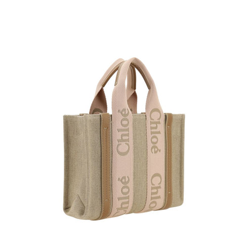 Chloé Woody Beige Linen and Leather Handbag for Women