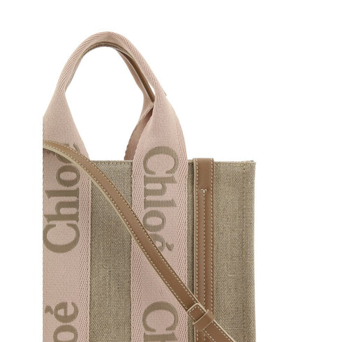 Chloé Woody Beige Linen and Leather Handbag for Women