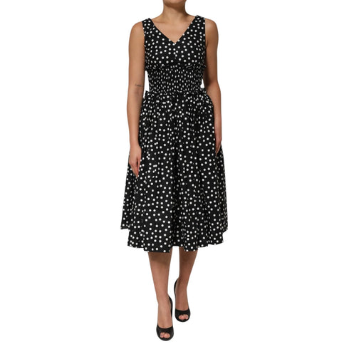 Dolce & Gabbana Black White Cotton Polka Dot Print V Neck Dress