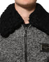 Dolce & Gabbana Gray Wool Herringbone Shearling Collar Bomber Jacket