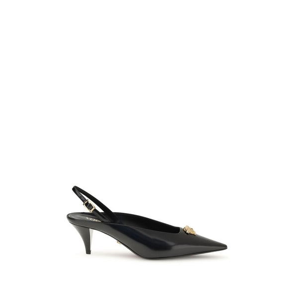 Versace La Medusa Slingback Pumps Black Calf Leather Pointed Toe Women’s