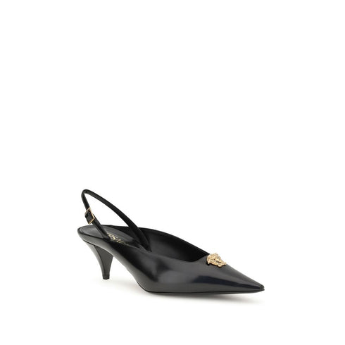 Versace La Medusa Slingback Pumps Black Calf Leather Pointed Toe Women’s
