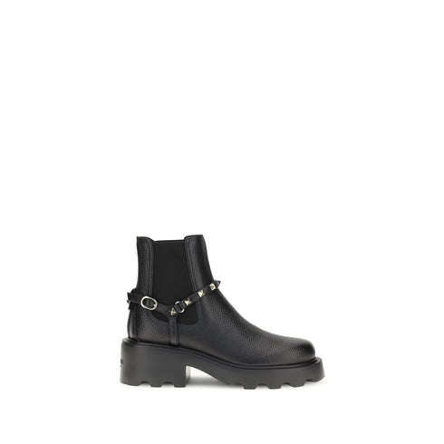 Valentino Garavani Black Leather Ankle Boots with Studded Strap – Women’s