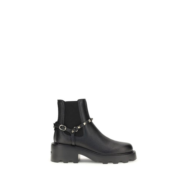 Valentino Garavani Black Leather Ankle Boots with Studded Strap – Women’s