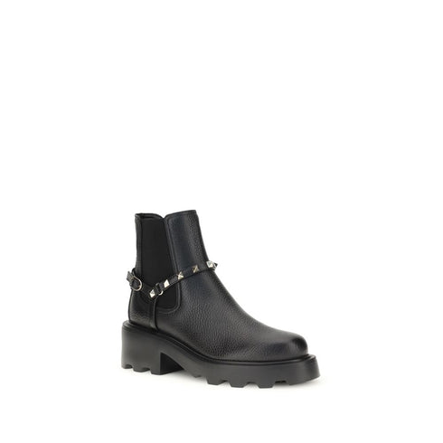 Valentino Garavani Black Leather Ankle Boots with Studded Strap – Women’s