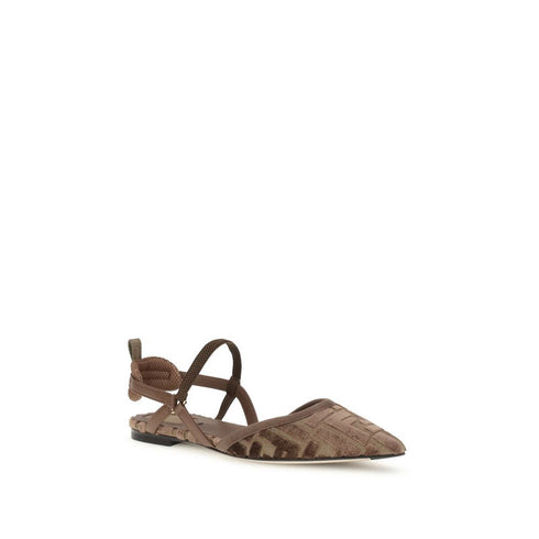 Fendi Colibrì Lite Slingback Ballerinas Brown Mesh Flats Sandals with FF Motif - Women’s