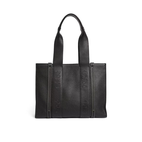 Chloé Woody Medium Tote Bag – Black Grained Leather Logo Detail – Women’s