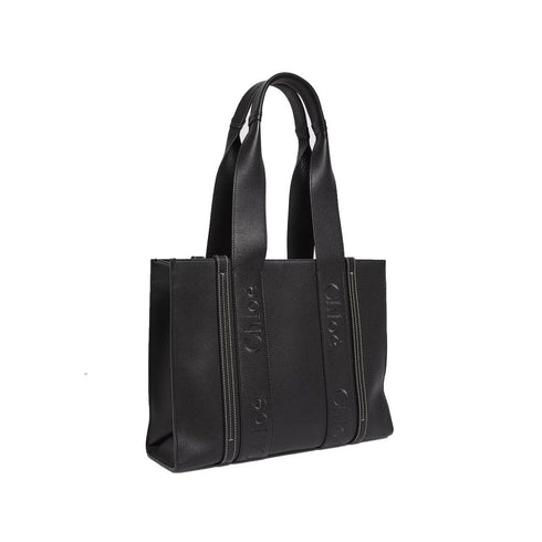 Chloé Woody Medium Tote Bag – Black Grained Leather Logo Detail – Women’s