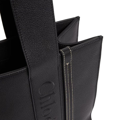 Chloé Woody Medium Tote Bag – Black Grained Leather Logo Detail – Women’s