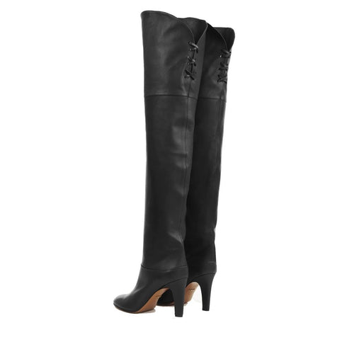 Chloé Eve Over-The-Knee Black Leather Boots with Criss-Cross Lace Detail – Women’s