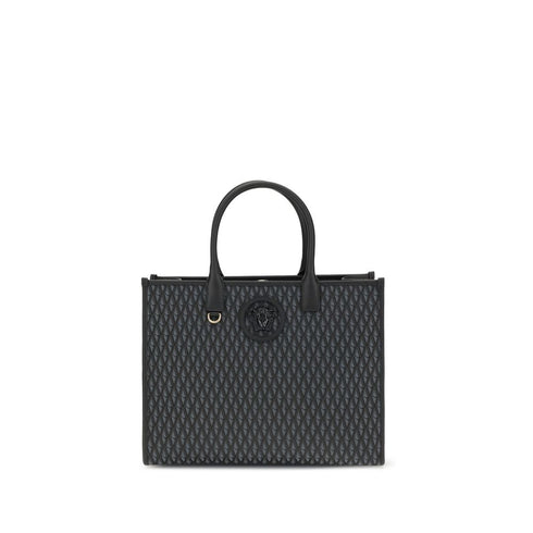 Versace La Medusa Black Tote Bag – V Pattern, Leather Trim – Women’s