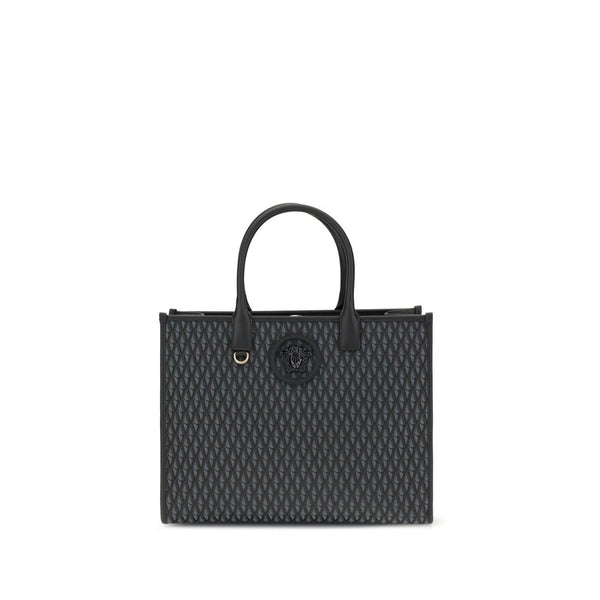 Versace La Medusa Black Tote Bag – V Pattern, Leather Trim – Women’s