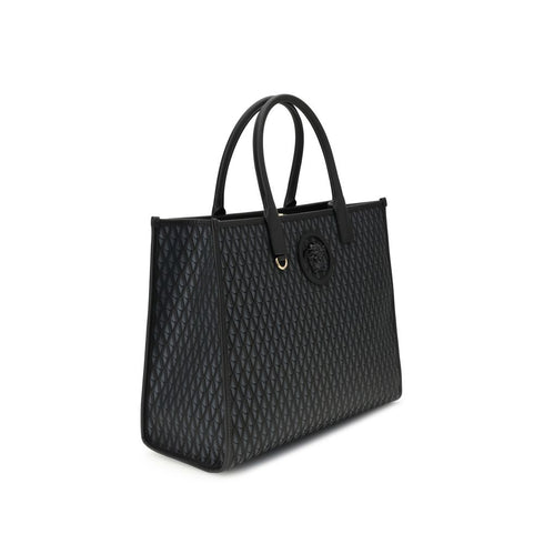 Versace La Medusa Black Tote Bag – V Pattern, Leather Trim – Women’s
