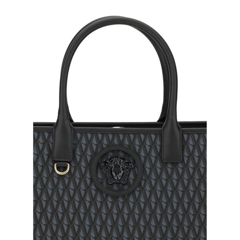 Versace La Medusa Black Tote Bag – V Pattern, Leather Trim – Women’s