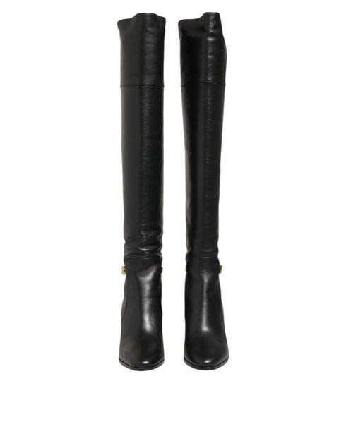 Dolce & Gabbana Black Leather Over-The-Knee DG Boots Shoes