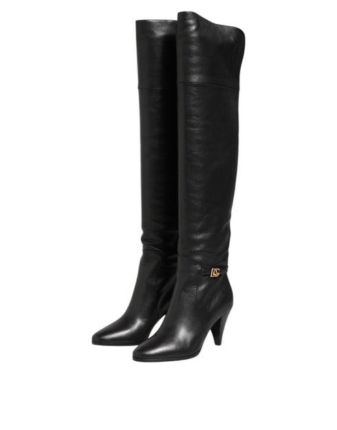 Dolce & Gabbana Black Leather Over-The-Knee DG Boots Shoes