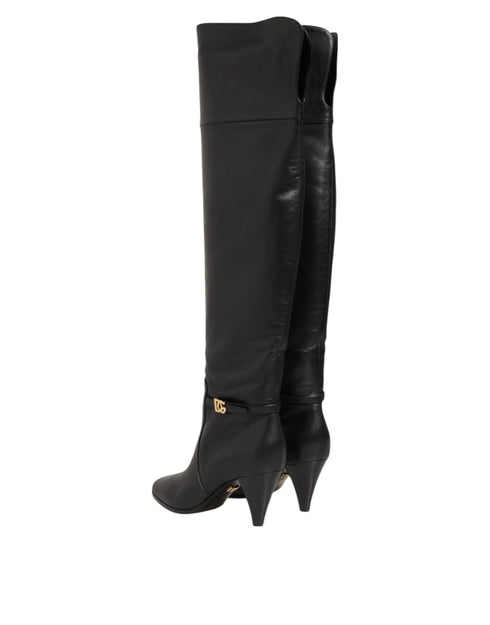 Dolce & Gabbana Black Leather Over-The-Knee DG Boots Shoes