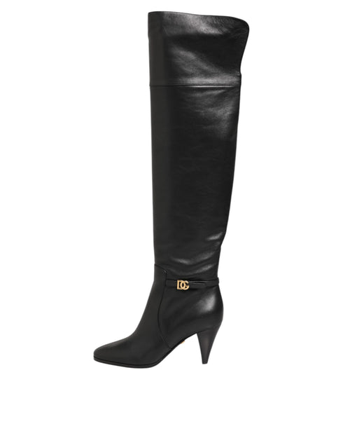 Dolce & Gabbana Black Leather Over-The-Knee DG Boots Shoes