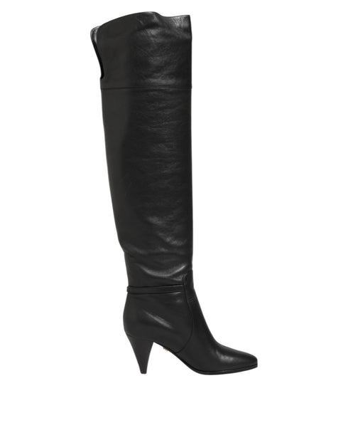 Dolce & Gabbana Black Leather Over-The-Knee DG Boots Shoes