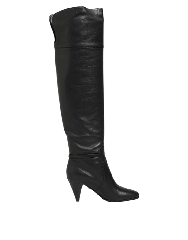 Dolce & Gabbana Black Leather Over-The-Knee DG Boots Shoes