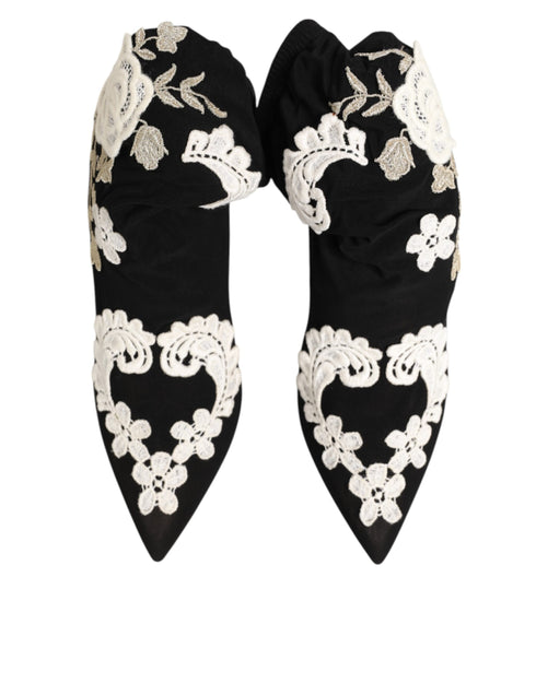Dolce & Gabbana Embroidered Jersey Boots – Black & White Stretch Stilettos for Women