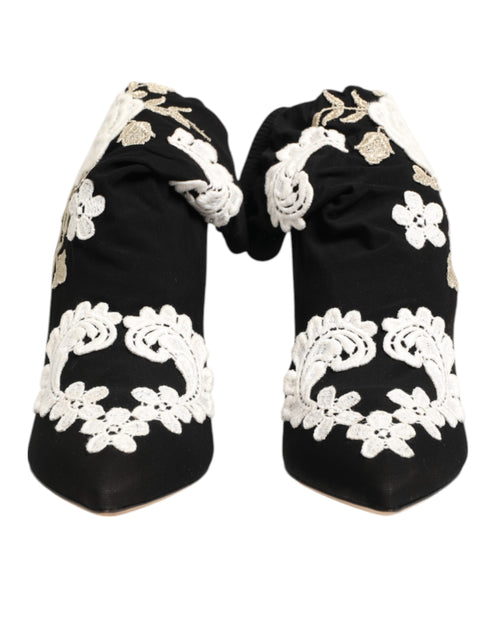 Dolce & Gabbana Embroidered Jersey Boots – Black & White Stretch Stilettos for Women