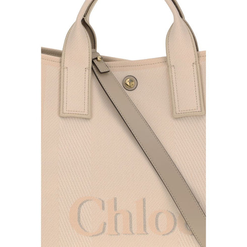 Chloé Carry Medium Handbag Beige Cotton Leather Women's Designer Shoulder Bag