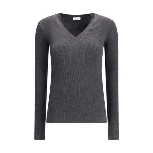 Brunello Cucinelli Long sleeve wool ribbed jersey T-shirt with shiny trim