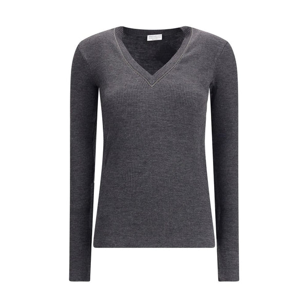 Brunello Cucinelli Long sleeve wool ribbed jersey T-shirt with shiny trim