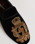 Dolce & Gabbana Black Velvet Gold Crown Mens Loafers Shoes
