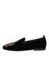Dolce & Gabbana Black Velvet Gold Crown Mens Loafers Shoes