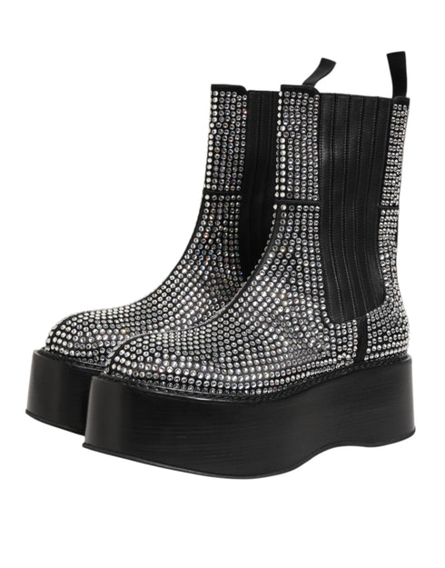 Dolce & Gabbana Black Crystal Strass Mid Calf Short Boots Shoes