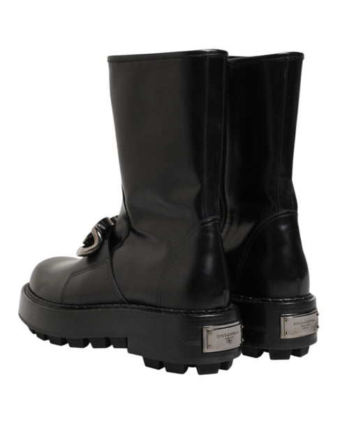 Dolce & Gabbana Black Logo Plaque Mid Calf Biker Boots Shoes