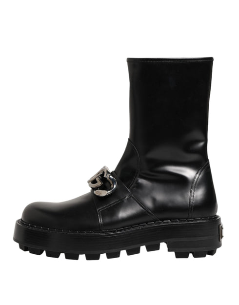 Dolce & Gabbana Black Logo Plaque Mid Calf Biker Boots Shoes