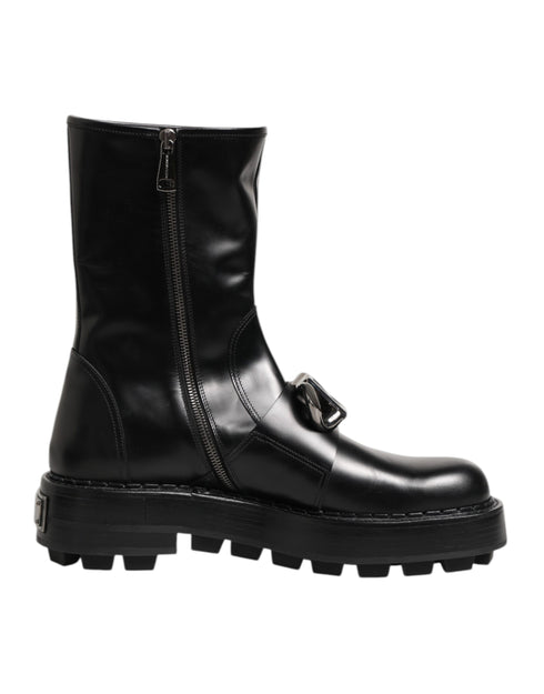 Dolce & Gabbana Black Logo Plaque Mid Calf Biker Boots Shoes