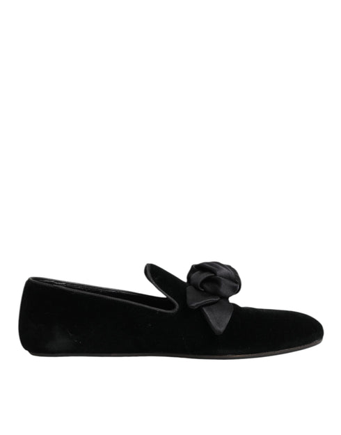 Dolce & Gabbana Black Suede Cotton Rose Slip On Loafers Shoes