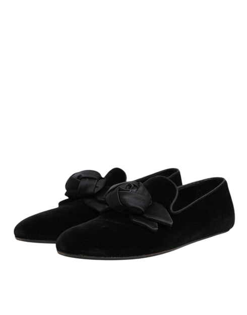 Dolce & Gabbana Black Suede Cotton Rose Slip On Loafers Shoes