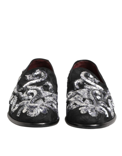 Dolce & Gabbana Black Silver Sequined Loafers Men Dress Shoes