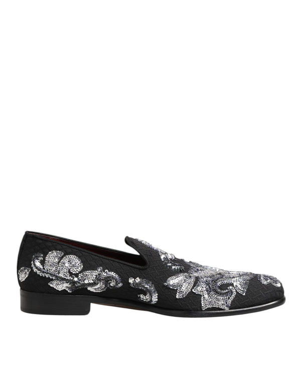 Dolce & Gabbana Black Silver Sequined Loafers Men Dress Shoes