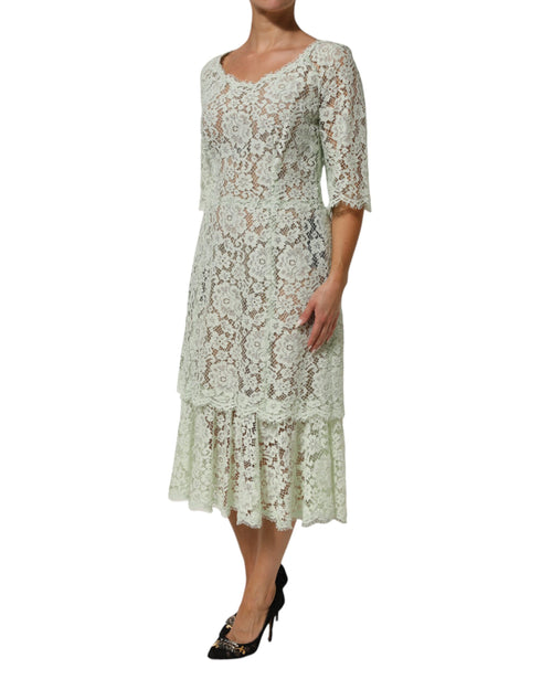 Dolce & Gabbana Mint Green Floral Lace Trim Midi Dress
