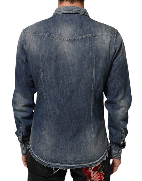 Dolce & Gabbana Blue Angel Patch Denim Buttoned Down Men Shirt
