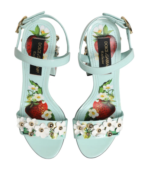 Dolce & Gabbana Mint Green Floral Studs Heels Sandals Shoes