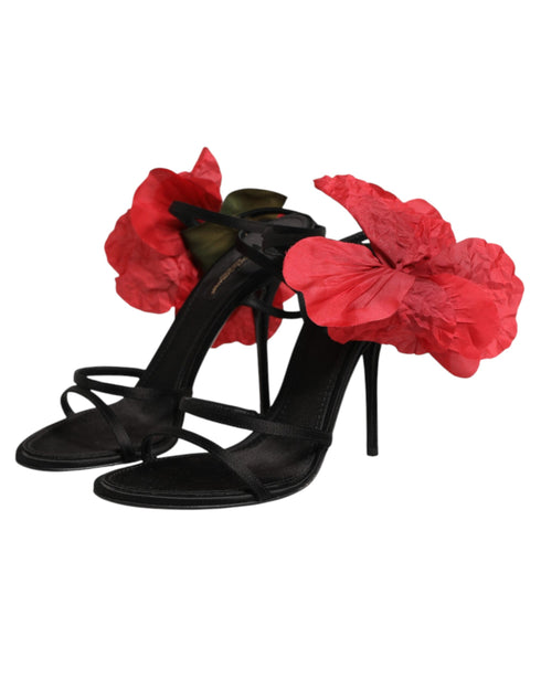 Dolce & Gabbana Black Leather Strappy Flower Heels Sandals Shoes