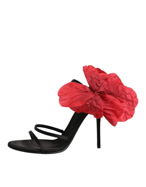 Dolce & Gabbana Black Leather Strappy Flower Heels Sandals Shoes
