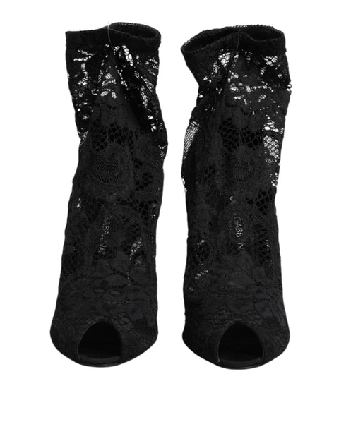 Dolce & Gabbana Black Stretch Taormina Lace Boots Shoes